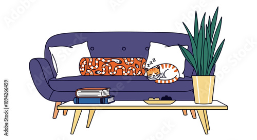 Cozy living room scene featuring sofa, coffee table, plants, and books in a modern minimalist setting from a frontal viewpoint