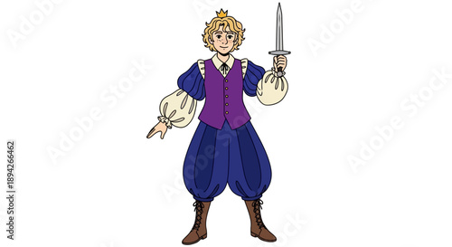 Animated character illustration of a man holding a sword in one hand and pointing with the other, dressed in medieval attire, depicted from a straightforward view.