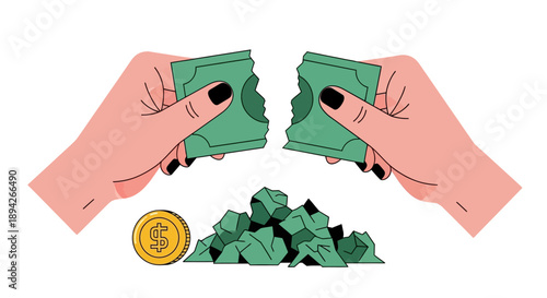 Two hands tearing apart a pile of money with a coin nearby