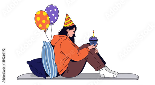 A young woman celebrates her birthday by sitting on the floor with balloons and a cake in an indoor setting from a side viewpoint