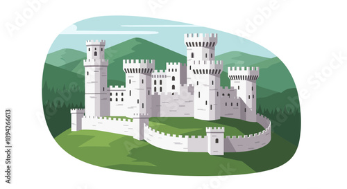 Illustration of a majestic white castle surrounded by lush green hills and mountains from a bird's eye view