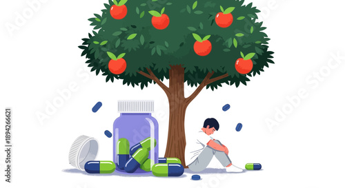 A serene scene of a person resting under an apple tree surrounded by vitamins and supplements