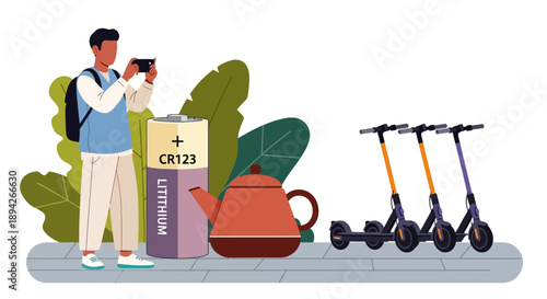 A man taking a photo of electric scooters and a tea kettle on the sidewalk