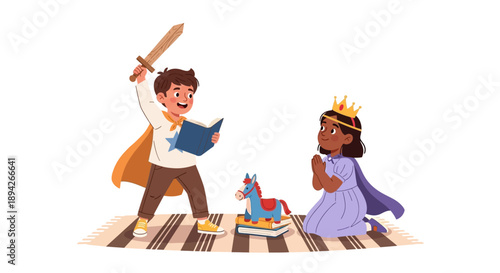 A young prince and princess engage in imaginative play with a toy castle on a striped carpet, viewed from the side.