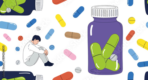 Illustration of a distressed person surrounded by scattered pills and a large pill bottle, conveying mental health concerns