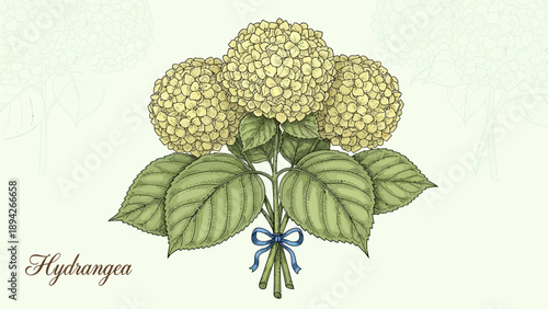 Illustration of hydrangea flowers with green leaves tied together with a blue ribbon