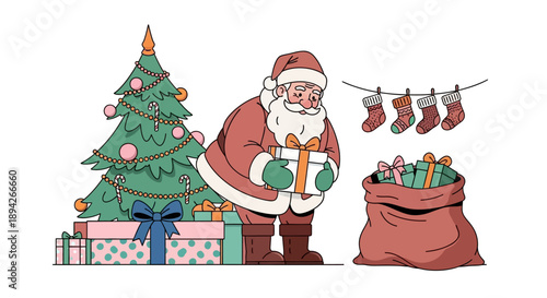 Santa Claus standing beside a decorated Christmas tree and presents with a sack of gifts nearby