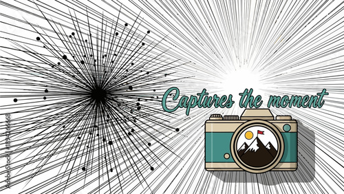 A camera captures the moment with steven in a dynamic scene surrounded by burst of lines and abstract shapes