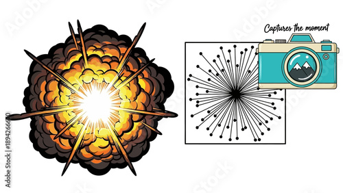 Explosion Illustration with Camera and Diagram on White Background from Direct Viewpoint