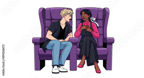 Two people sitting in purple armchairs engaged in conversation, focusing on a digital device together in a relaxed indoor setting from a frontal viewpoint.