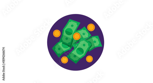 Illustration of money and coins floating inside a purple circle on a white background