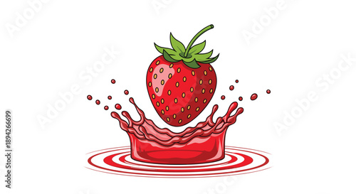 Fresh Red Strawberry Falling into a Splash of Red Juice for Fruit Drink and Healthy Organic Food Concept Illustration on White Background.