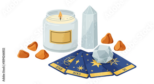 Astrology cards and crystals arranged on a table with a lit candle nearby for spiritual reading