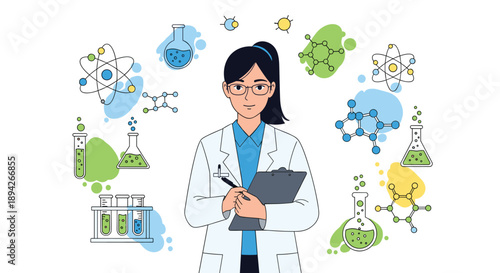 Female Scientist in Lab Coat Holding a Clipboard with Floating Chemical and Molecular Icons for Scientific Research and Data Analysis Concept Illustration.