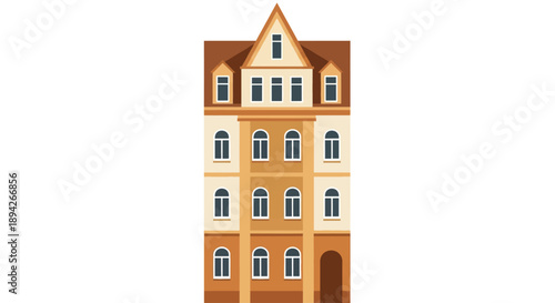 Tall, multi-story building illustration showcasing architecture, house, building, residence, and facade from a straightforward viewpoint