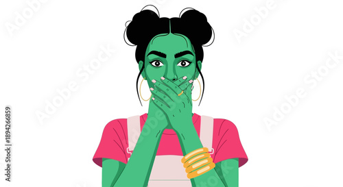 Illustration of a contemplative young woman with green skin and thoughtful expression