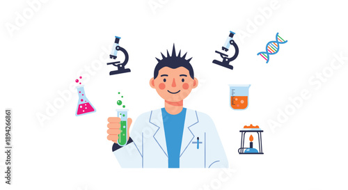 Male Scientist in Lab Coat with Floating Icons of Microscopes DNA and Chemicals for Scientific Discovery and Modern Research Concept Illustration.