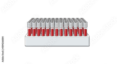 Rack of Multiple Glass Test Tubes Filled with Red Liquid Samples for Professional Medical Blood Testing and Clinical Analysis Concept Illustration.