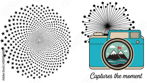 Camera captures serene moment with mountains, stars, and fireworks in a celebratory scene