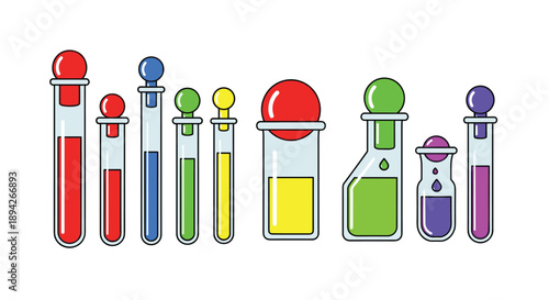 Row of Diverse Colorful Test Tubes and Beakers with Round Stoppers for Laboratory Science Chemistry Research and Education Concept Illustration.