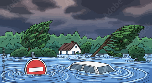 Flooded landscape with submerged car and house surrounded by trees under dark clouds
