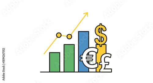 Financial growth graph with currency symbols and rising arrow.