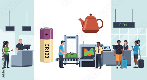 Passengers and staff in an airport security check scene with luggage and a teapot, viewed from the side