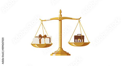 Golden scales balancing a house and a gift box.