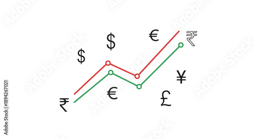Currency exchange rate graph showing upward trend with various international currency symbols.