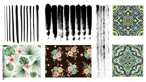 A collection of assorted design elements including tassels, patterns, and floral motifs, displayed together in a visually appealing arrangement.