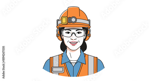 Close Up Portrait of a Smiling Female Construction Worker Wearing Safety Glasses and Orange Hard Hat with Headlamp for Professional Industrial Career Concept.