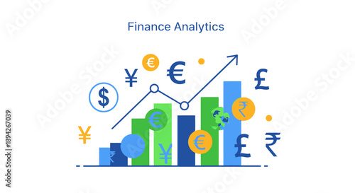 Finance Analytics Graph with Currency Symbols and Growth Chart.