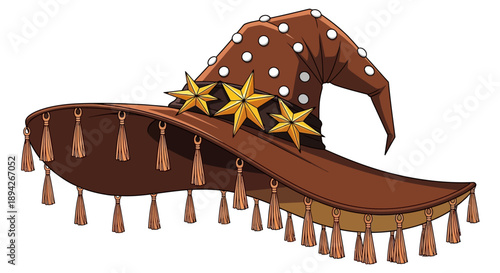 A brown wizard hat adorned with stars and tassels on a white background