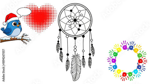 Whimsical illustration of a bird wearing Santa hat on branch with heart, dreamcatcher, and colorful mandala art.