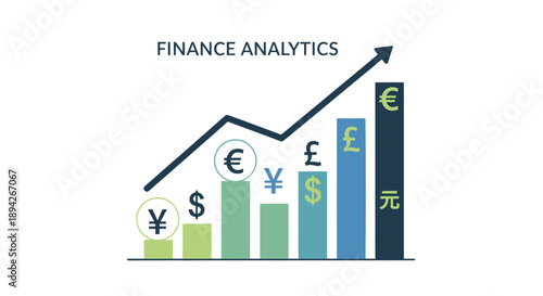 Finance analytics graph with currency symbols and increasing trend.