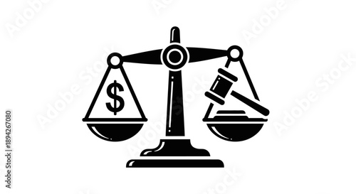 Black and white illustration of a scale balancing dollar sign and gavel.