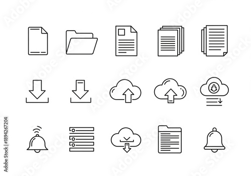 Set of thin line icons for file management, cloud storage, download, upload, notifications, and data organization on a white background.