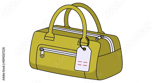 Illustration of a yellow duffel bag with handles and a tag, viewed from the side