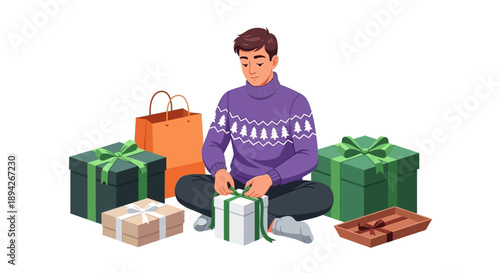 Man sitting on floor surrounded by gift boxes, wrapping a present with green ribbon