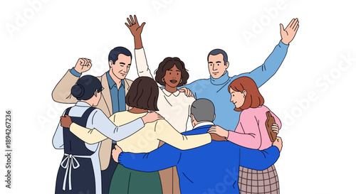 Diverse group of people celebrating together with arms around each other and hands raised in joy