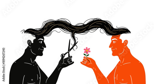 Man cutting another man's flowing hair with scissors while he holds a flower