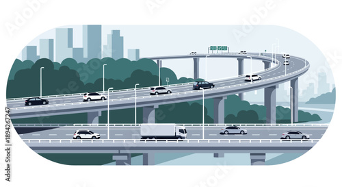 Vehicles navigate through a complex highway interchange with multiple levels and ramps in an urban environment