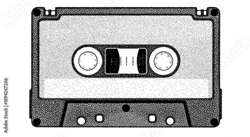 A compact cassette tape viewed from the front showcasing its reels and magnetic tape in a detailed illustration