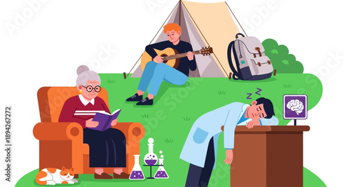 A serene campsite scene with people relaxing and working in a lush green environment from an aerial viewpoint