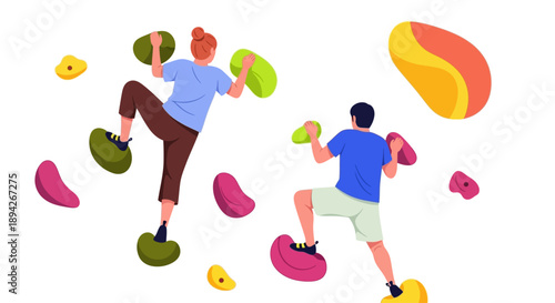 Two individuals engaging in rock climbing activity amidst vibrant holds and abstract shapes