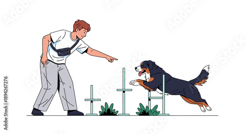 Man guiding dog through agility hurdles in an outdoor training session illustration