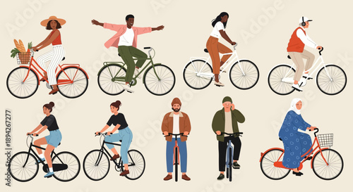People riding bicycles in various poses and styles, showcasing different actions and emotions in a flat illustration style
