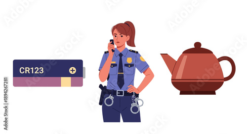 A cartoon policewoman stands with a badge and handcuffs near a teapot and a confidential document marked CR123