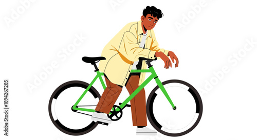 Man riding green bicycle with action shot from side viewpoint