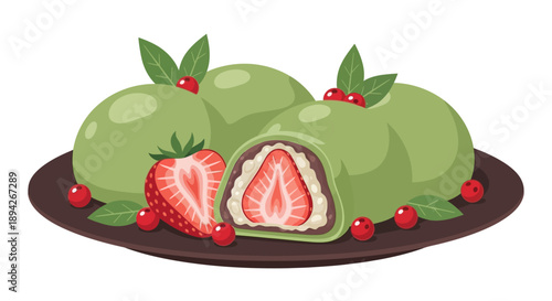 Three green mochi desserts with strawberry filling and red berries on a dark plate
